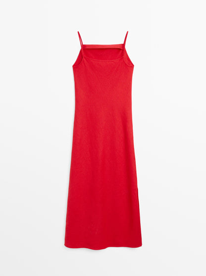 VESTIDO MIDI ESCOTE RECTO LINO