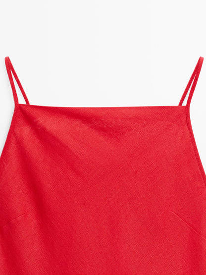 VESTIDO MIDI ESCOTE RECTO LINO
