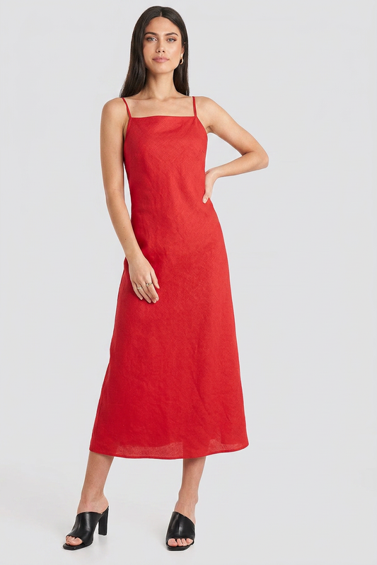 VESTIDO MIDI ESCOTE RECTO LINO